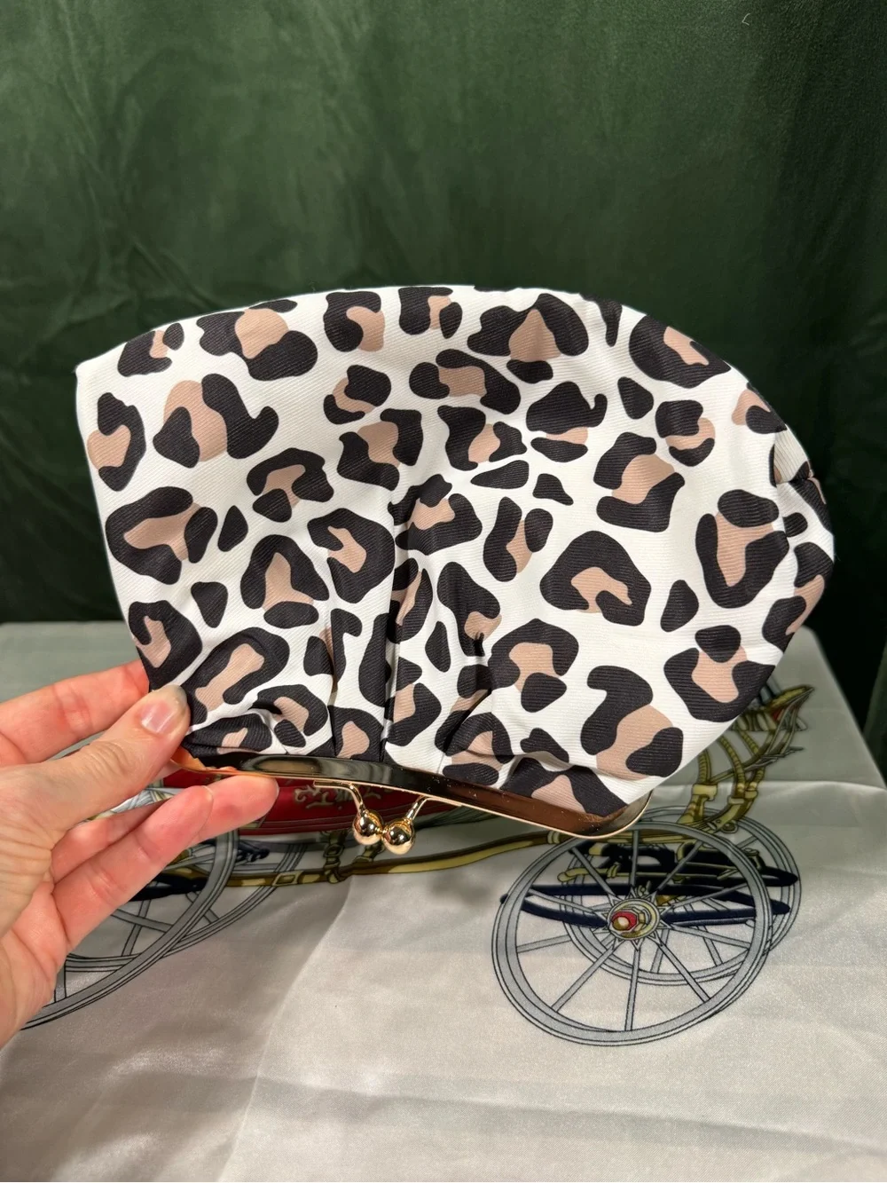 Leopard Print Pleated Clasp Clutch in White, Beige & Black